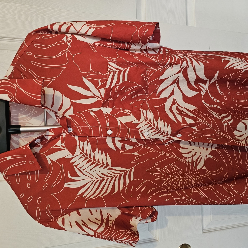 Casual Orange and Tan Button Down Shirt with Tropical Design